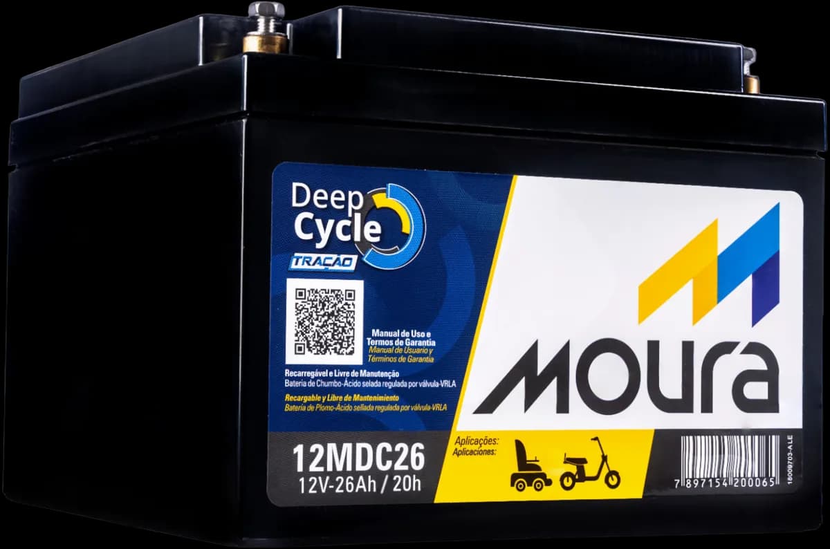 Bateria Moura Deep Cycle 12MDC26, 12V 26Ah, para cadeira de rodas motorizada e scooter — Montanari Baterias, Patrocínio